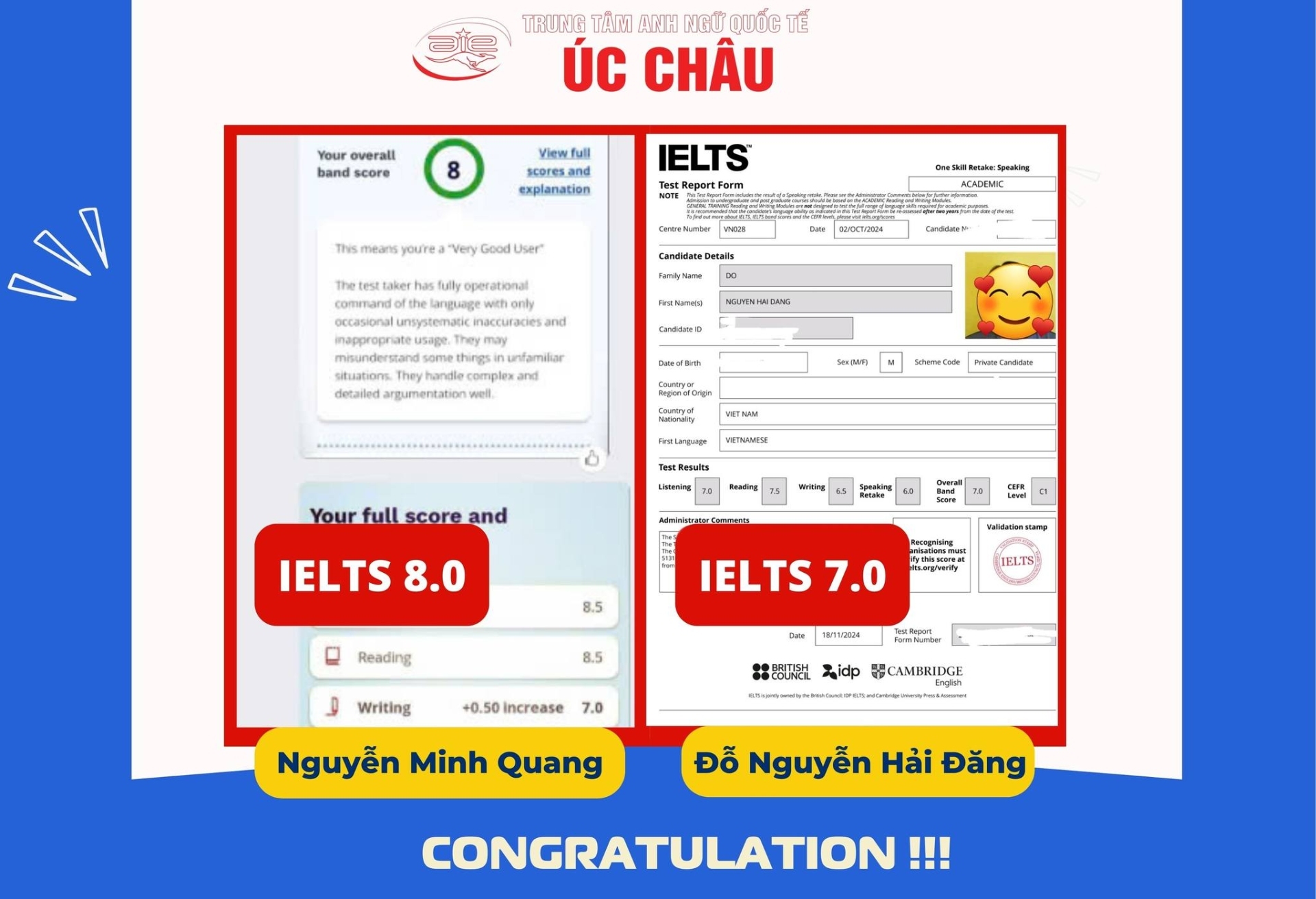 Trung tâm xin chúc mừng bạn Đỗ Nguyễn Hải Đăng (IELTS 7.0) và bạn Nguyễn Minh Quang (IELTS 8.0) đã chính thức cầm trong tay “tấm vé thông hành cho tương lai”.